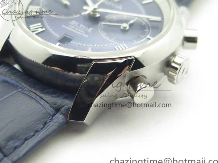 0308 MoistureWicking De Ville Chronograph SS OMF 1:1 Best Edition Blue Dial On Blue Leather Strap A 8110